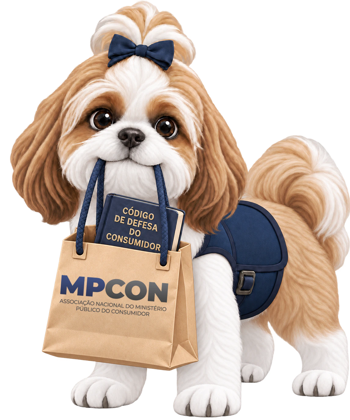Mascote da MPCON: uma Shih Tzu de colete e lacinho azul carregando uma sacola da MPCON com o Código de Defesa do Consumidor